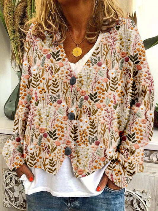 Wildflower Meadow Floral Embroidery Button Cozy Cardigan