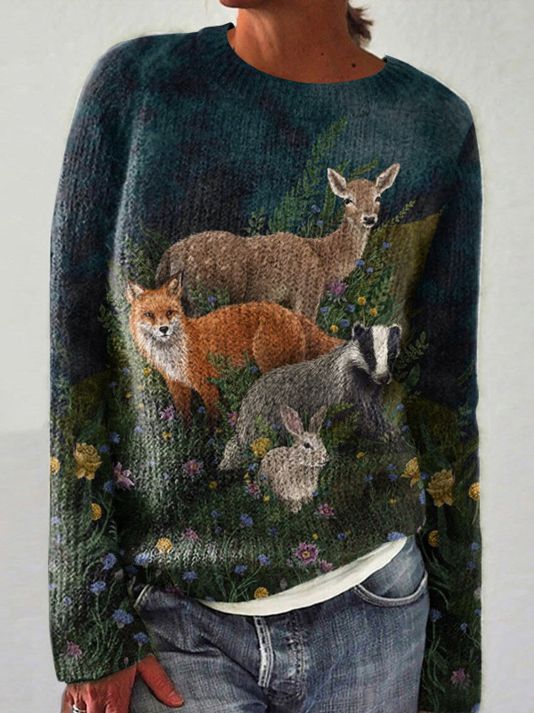 Women's Winter Fox And Elk Art Casual Sweater